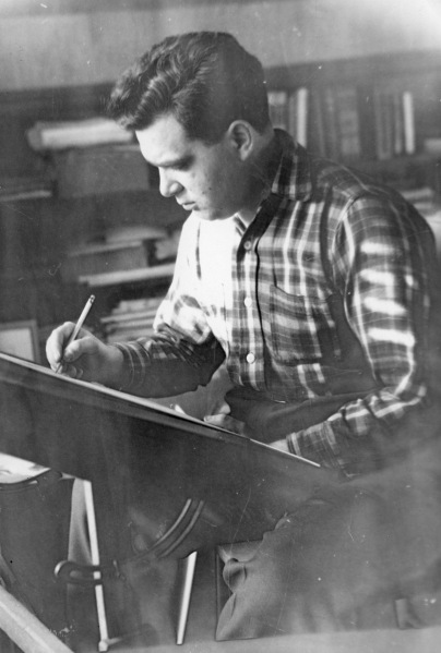 Jack Kirby at work in The Dungeon, East Williston, Long Island, c. 1949